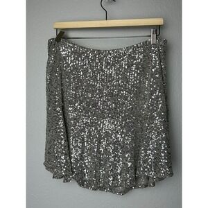 NWOT $108 Free People Sparkling Sequin Silver Mini Skirt‎ Elastic Waist  Large